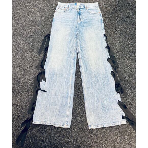 Alice + Olivia Blue Flare Jeans with Black Bow Accents - Picture 7 of 12